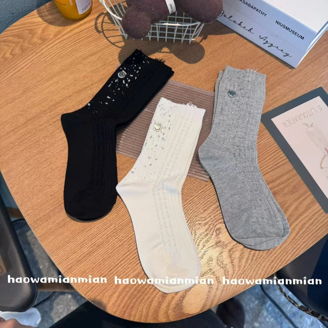春夏新款薄款破洞个性高颜值笑脸潮袜时尚棉袜堆堆袜满天星闪钻袜