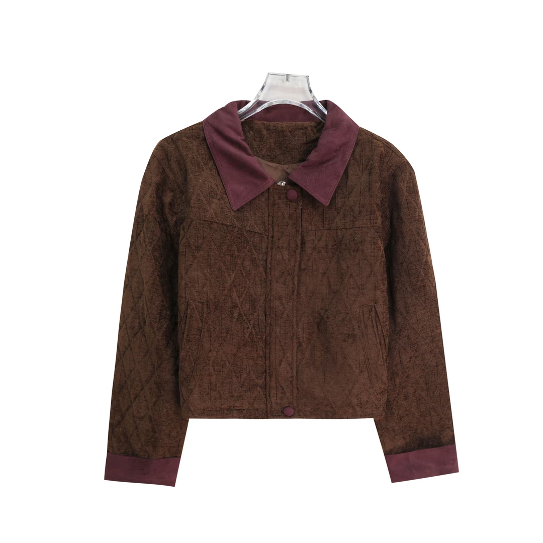 美拉德翻领小香风菱形格拼色短款外套S5063