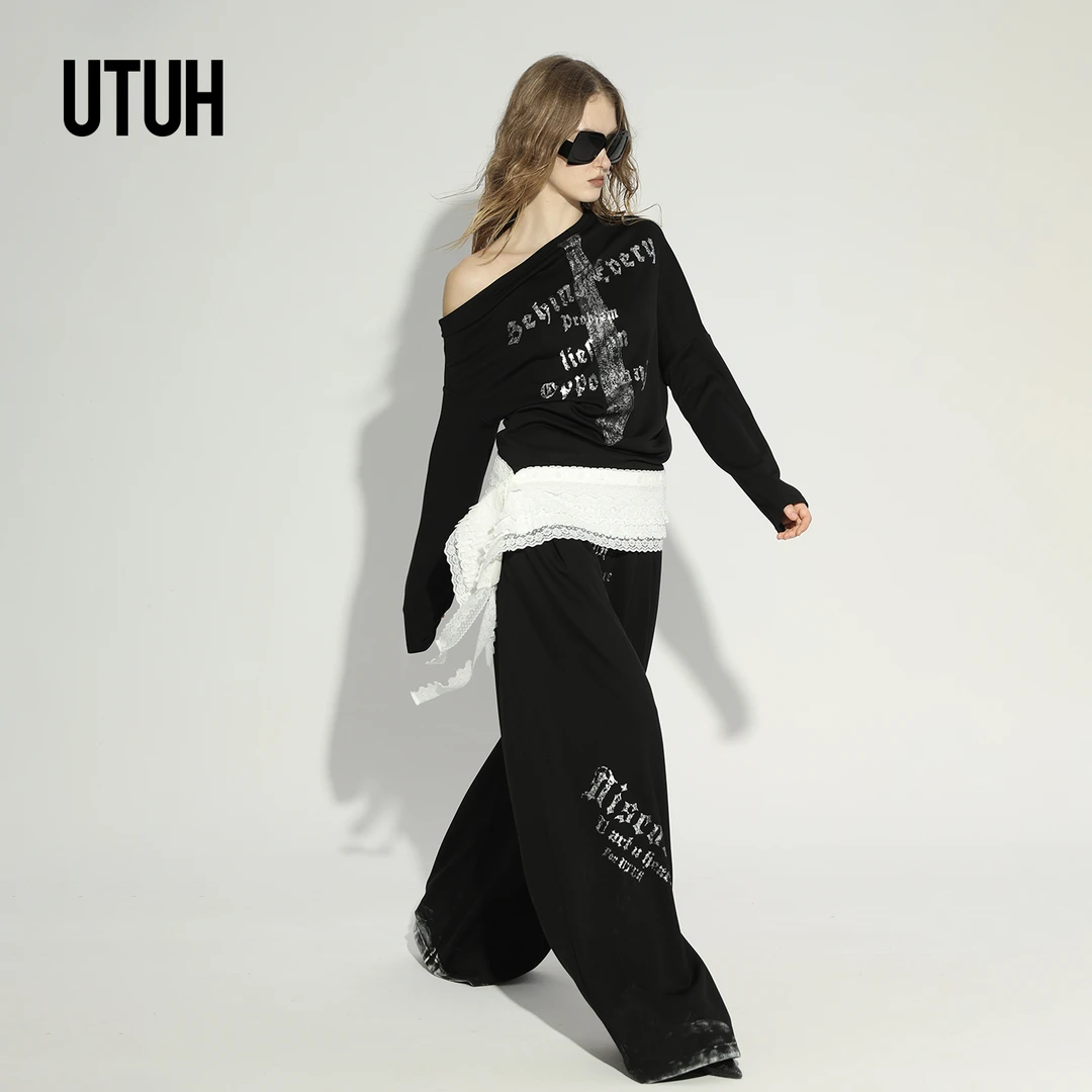 UTUH黑色字母烫银印花慵懒风斜肩卫衣套装 TDWWA2N348 TDWWA2K349