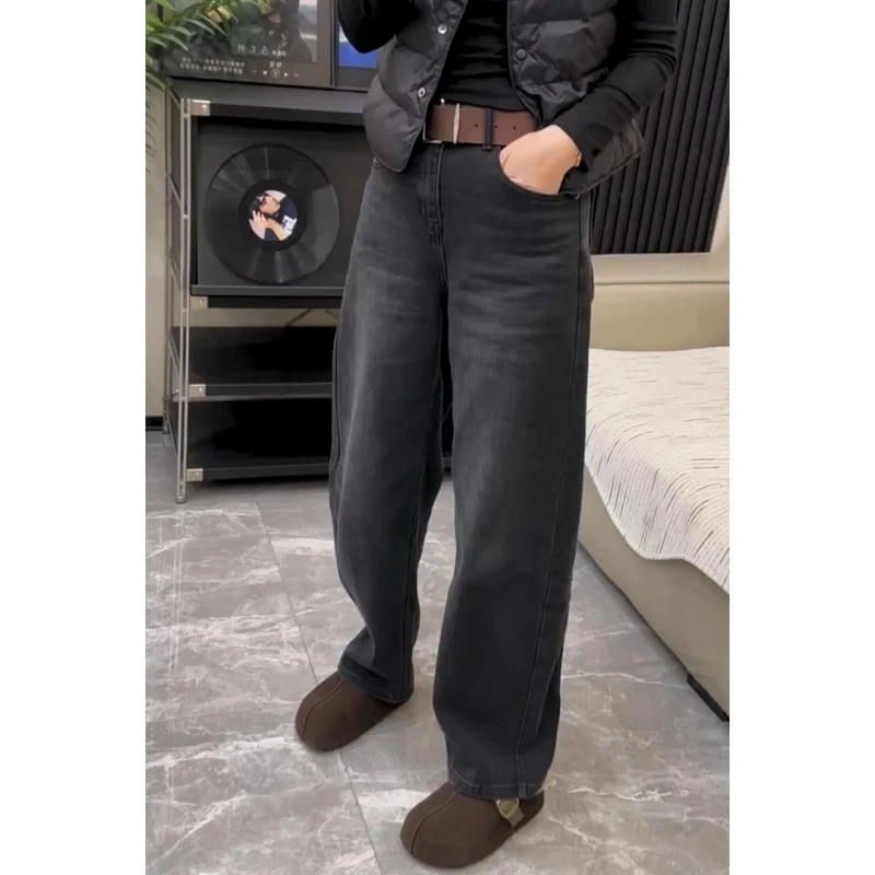 欧货品质遮胯减龄直筒拖地牛仔裤2025秋冬爆款加绒加厚百搭阔腿裤