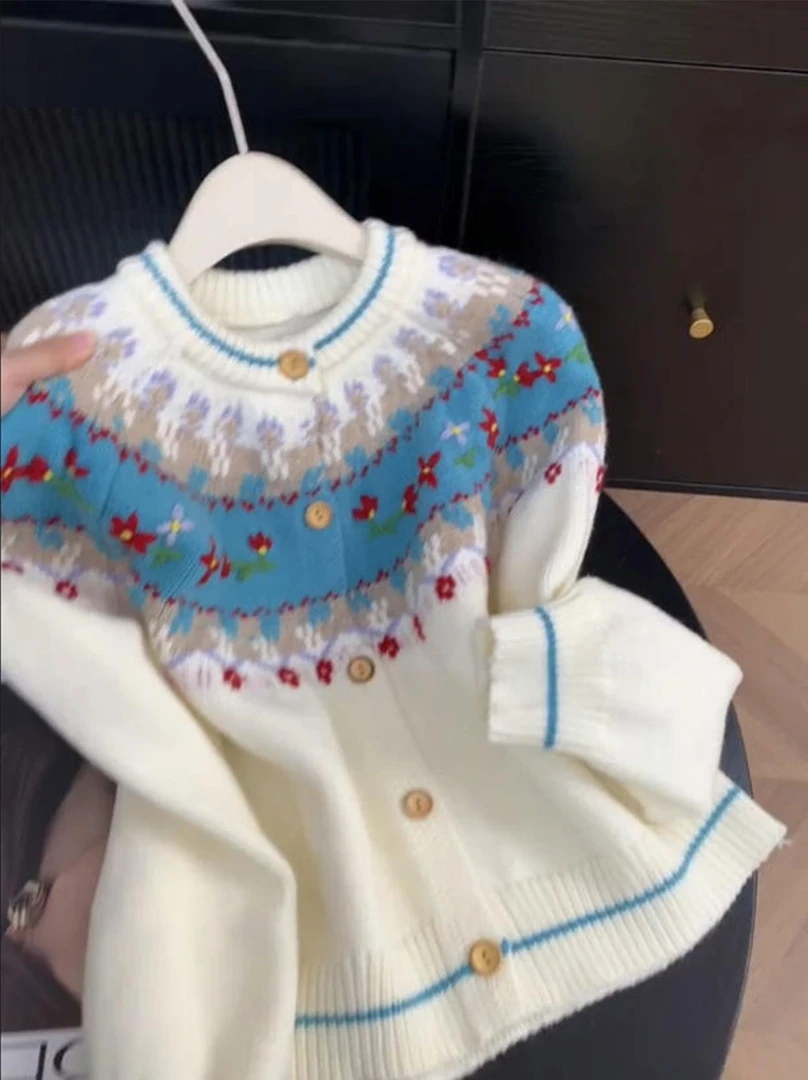 费尔岛复古提花毛衣开衫女秋天氛围感针织外套慵懒毛衫高级感上衣