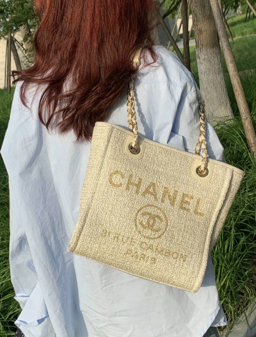 99新 Chanel/香奈儿 8441 米金白金沙滩单肩包小号芯片款
