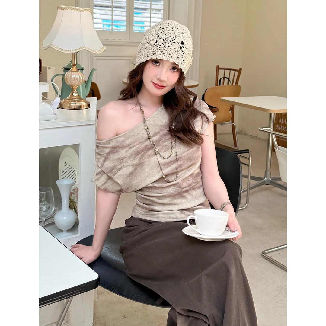 夏季薄款三穿美拉德晕染短袖T恤女百搭收腰设计别致上衣