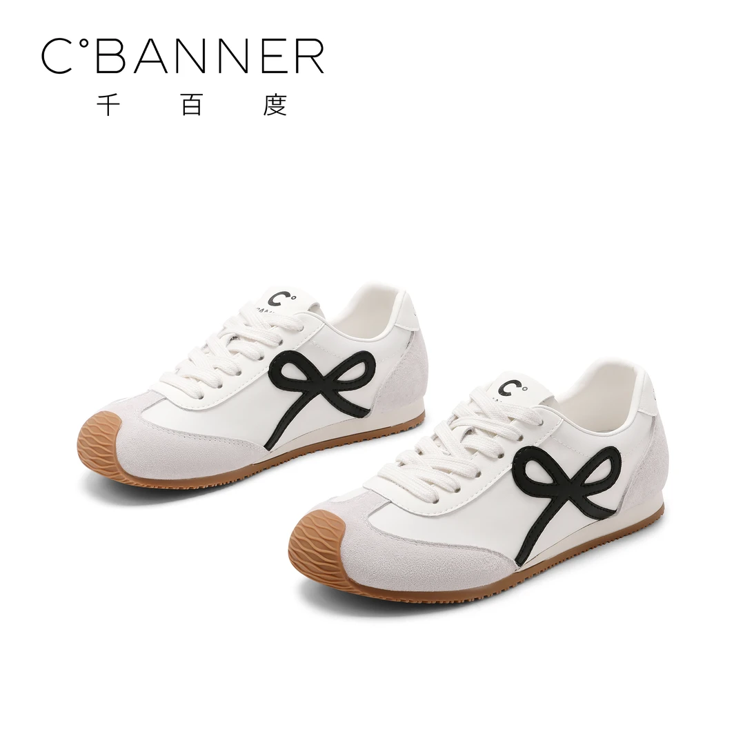 C.BANNER/千百度复古德训鞋女2025新款拼色蝴蝶结软底休闲小白鞋