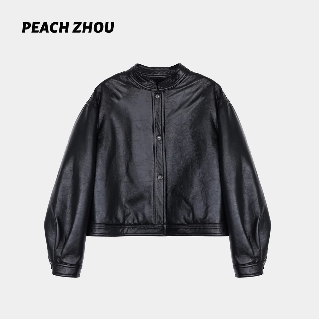 『PEACHZHOU』摩登棒球立领宽松排扣短款夹棉皮衣休闲保暖夹克外套