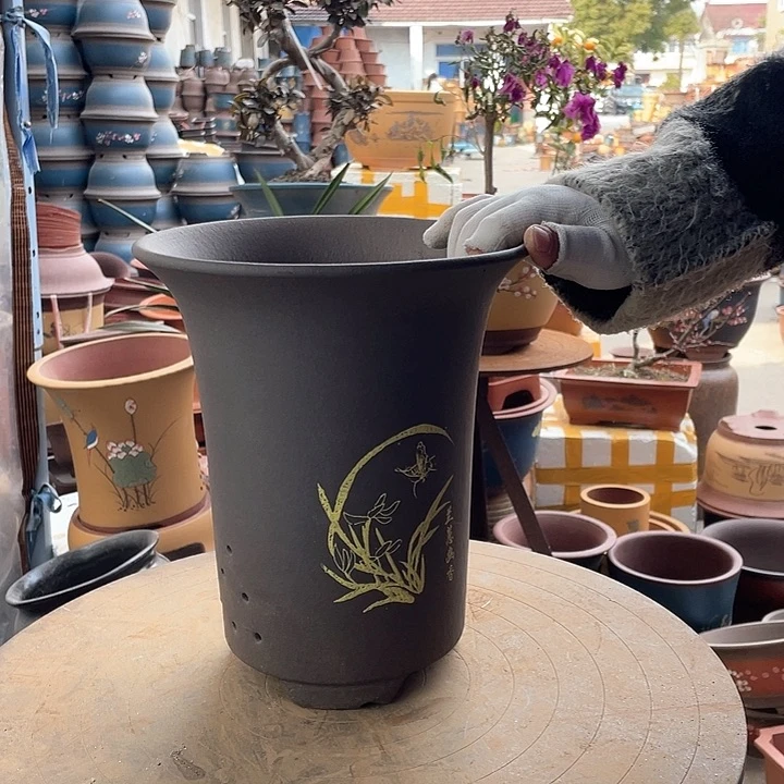 紫砂宜兴紫砂印金兰花盆22