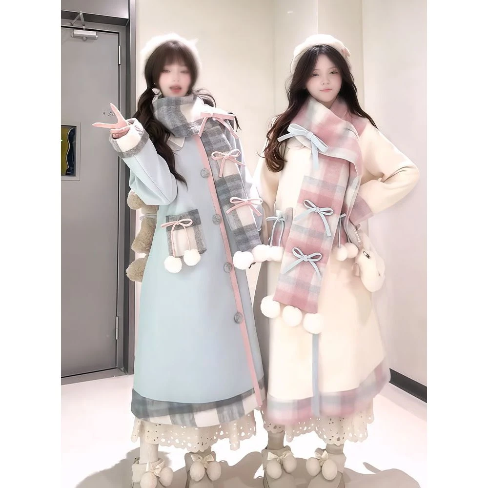 【奶油日记】2025年秋冬可爱蝴蝶结格子甜美少女围巾毛呢长款大衣