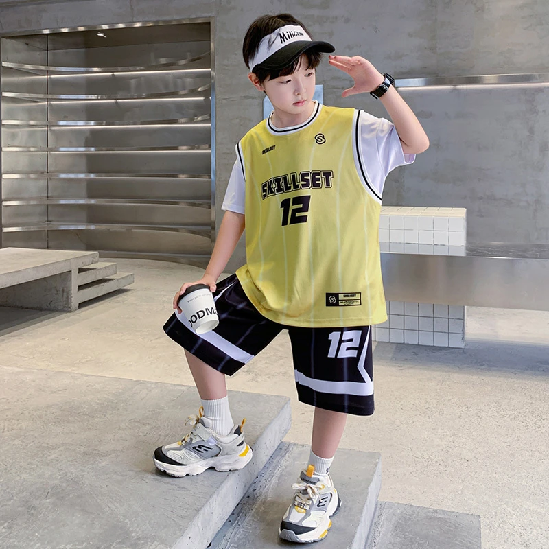 男童夏装套装2025新款中大童短袖男孩夏季儿童帅气运动冰丝篮球服