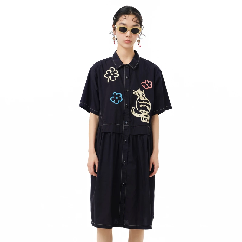 MOVEUP幻走2025夏季新款.FUN 翻领撞色绣花梭织连衣裙325221357