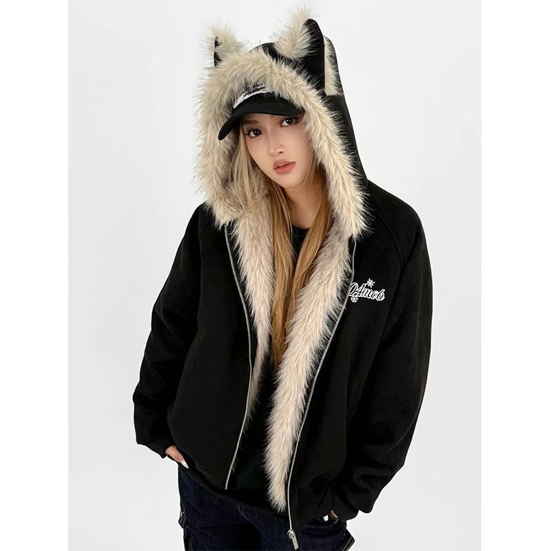 国潮秋冬新品加厚棉服开衫连帽棉衣男女同款毛领猫耳座山雕外套