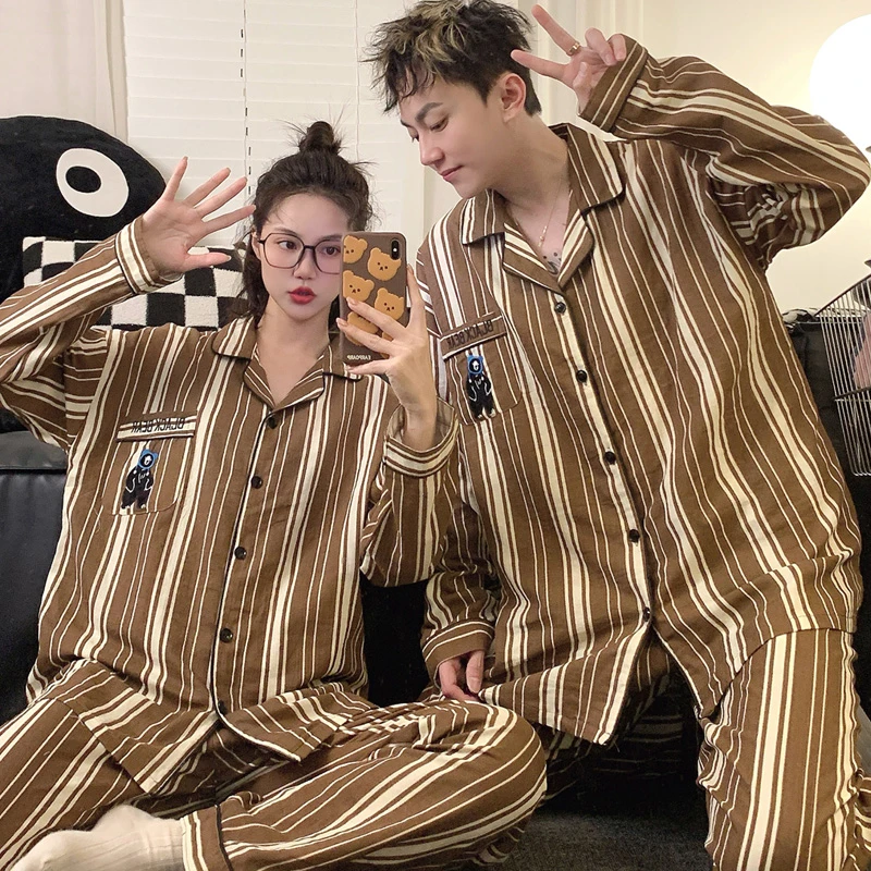 纯棉情侣条纹睡衣女春秋长袖长裤套装男女士简约休闲家居服韩版
