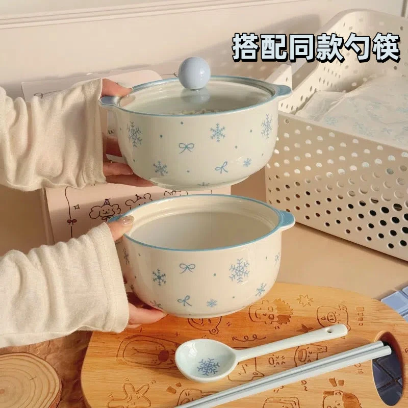 初雪白可爱雪花陶瓷泡面碗家用高颜值餐具釉下彩汤碗带盖大容量yw