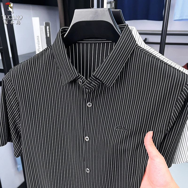 啄木鸟春夏新款男衬衫短袖时尚潮流条纹日常百搭休闲帅气舒适