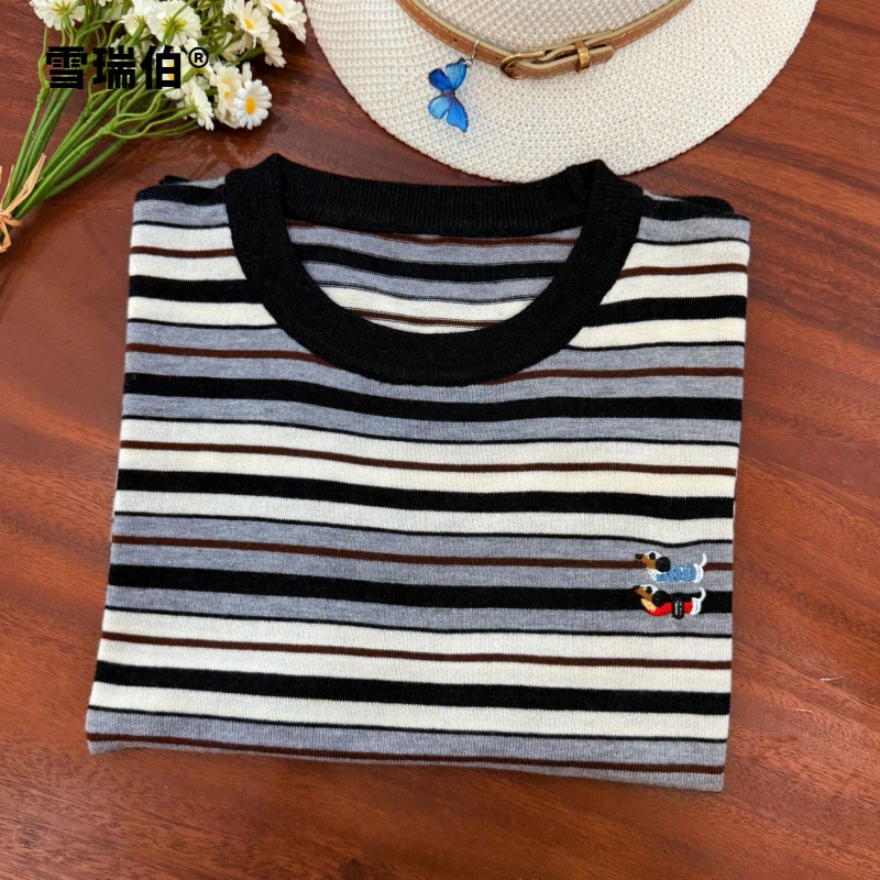 【细羊毛套头短袖】条纹刺绣小狗针织衫春夏新款薄女休闲T恤T669