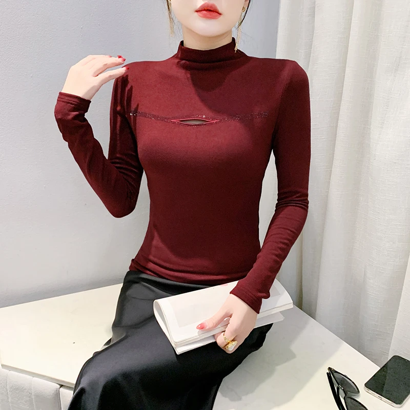 2025秋新款半高领修身烫钻长袖打底衫女酒红黑简约通勤针织衫