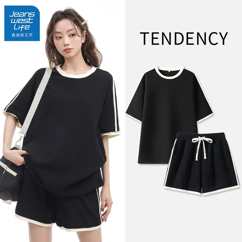 真维斯无界休闲运动套装网红华夫格薄款洋气休闲阔腿夏装运动装y