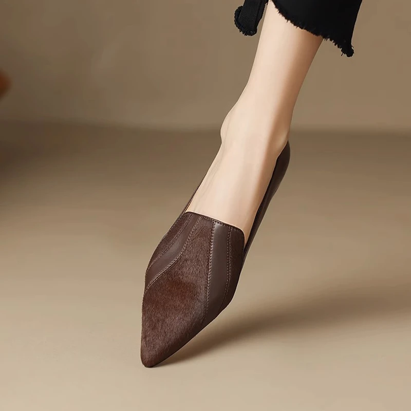 高档舒适个性百搭时尚气质牛皮粗跟2cm 真皮尖头马毛低跟乐福鞋潮