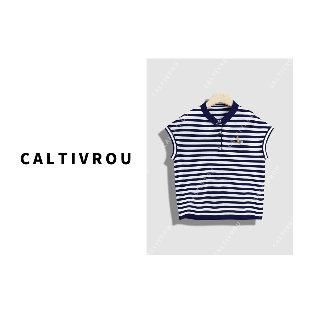 Caltivrou【蕊蕊】撞色Polo领时尚刺绣百搭T恤-Y16487