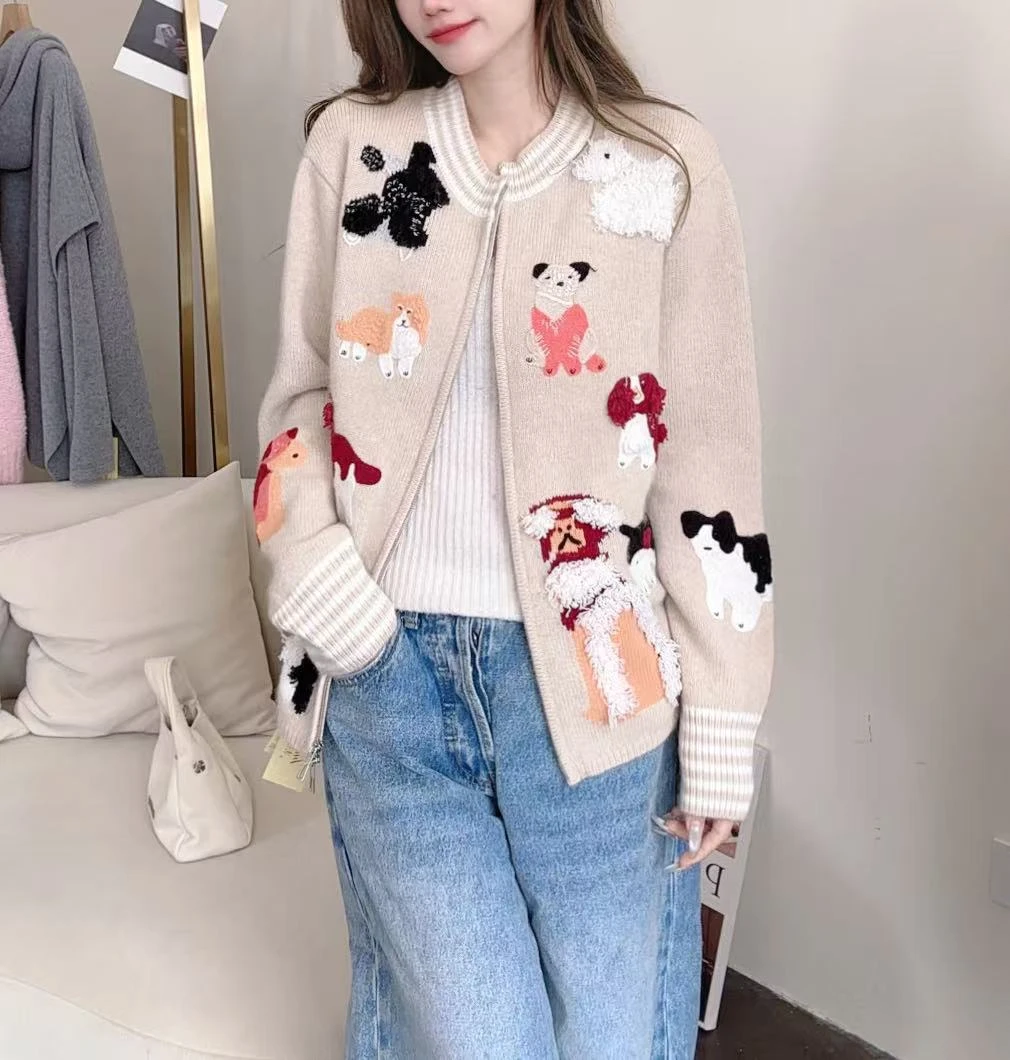 【俩月羊绒】轻奢241341-100山羊绒时尚洋气动物图案针织开衫