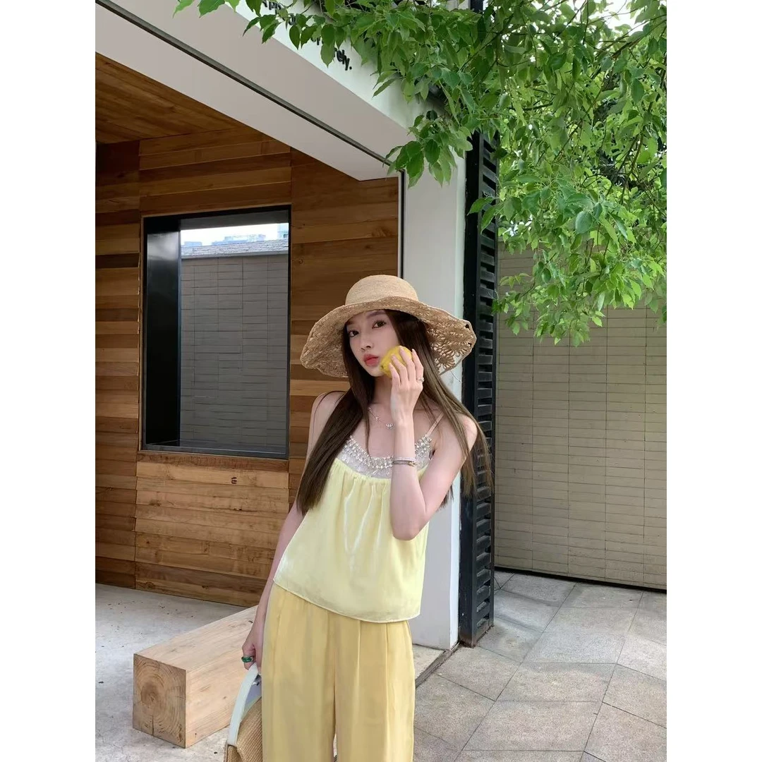 【盒子专享】流沙落日 丝绒感拼接亮钻领无袖吊带小上衣