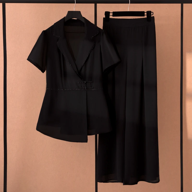 时尚雪纺套装女夏季2025新款洋气质显瘦V领上衣冰丝阔腿裤两件套