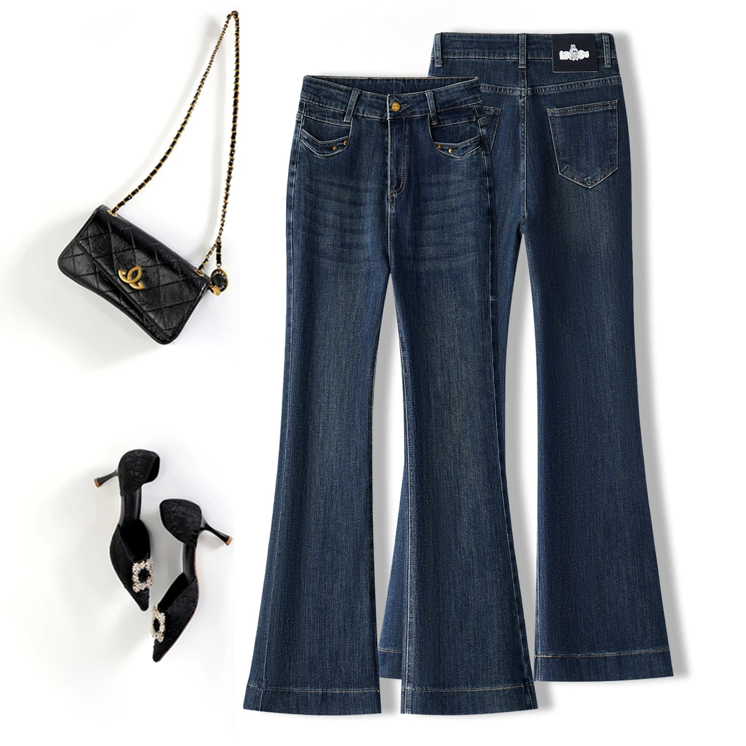 高腰喇叭牛仔裤女秋季2025新款垂感直筒马蹄裤气质弹力九分微喇裤