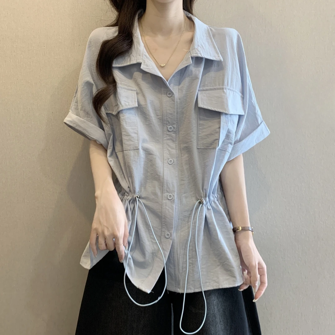 双口袋短袖工装衬衫女夏季大码胖mm显瘦掐腰设计感抽绳遮肚子上衣
