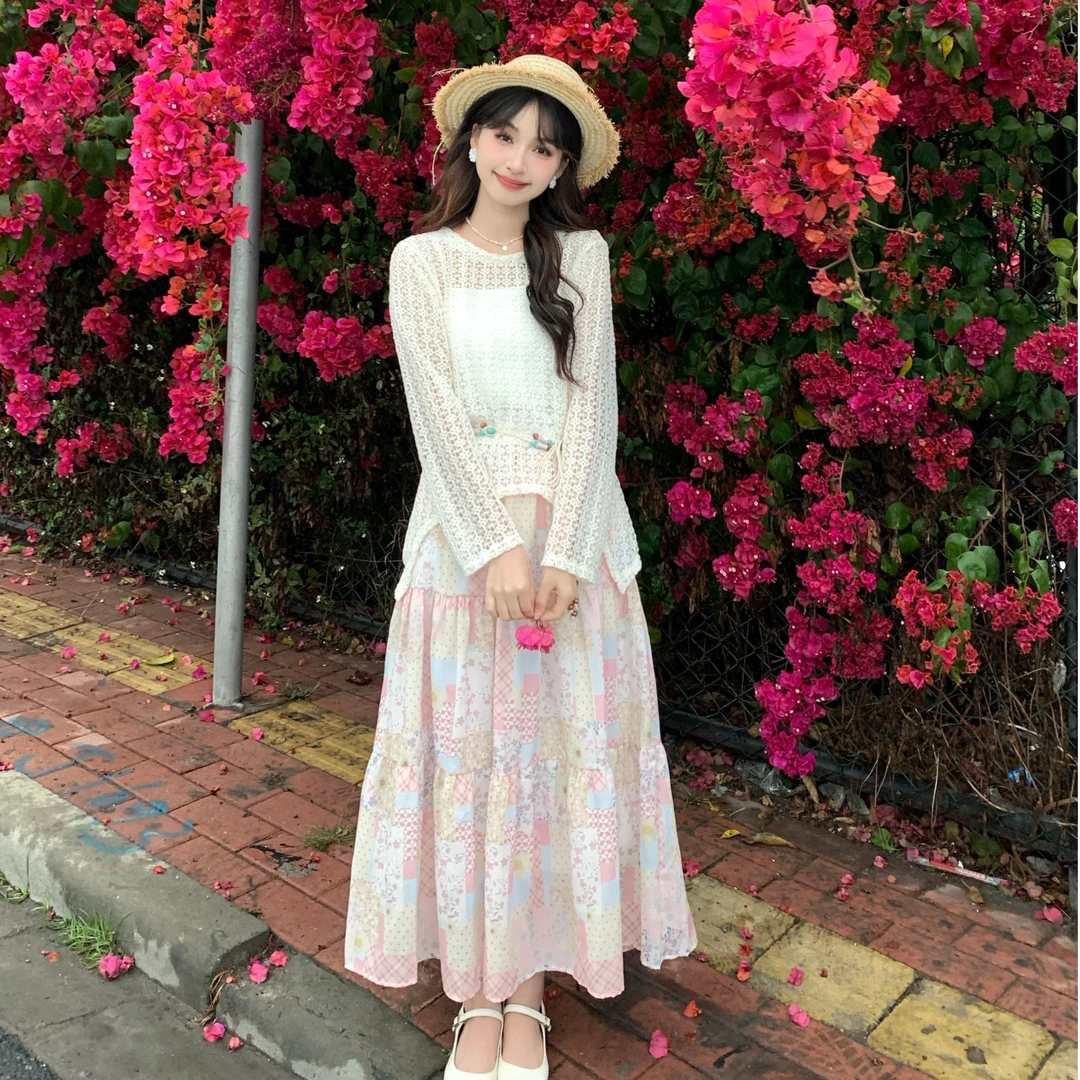 慕兔度假风套装女镂空2025新款女防晒针织罩衫印花半身裙三件套装