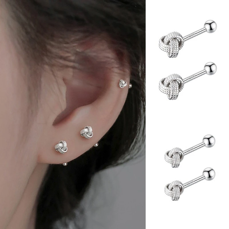 黄铜仿水晶耳饰 如意结耳钉女925银针养耳洞螺丝拧设计感小耳骨