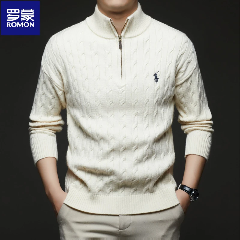 罗蒙2025冬季新款重磅针织衫毛衣男士时尚舒适刺绣百搭保暖打底衫