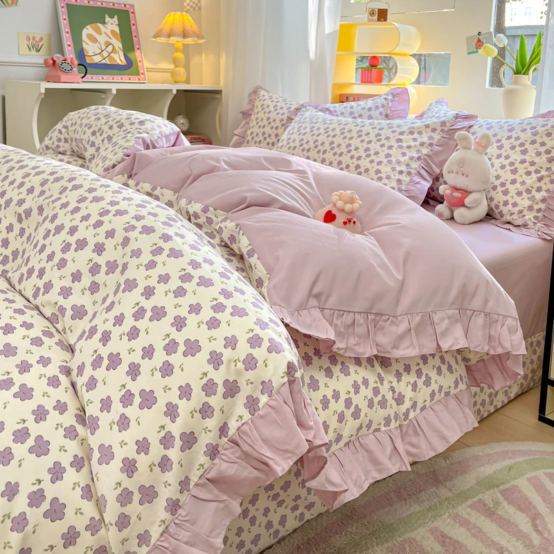 韩式花边100%全棉四件套卡通可爱床单纯棉被套公主风亲肤被罩