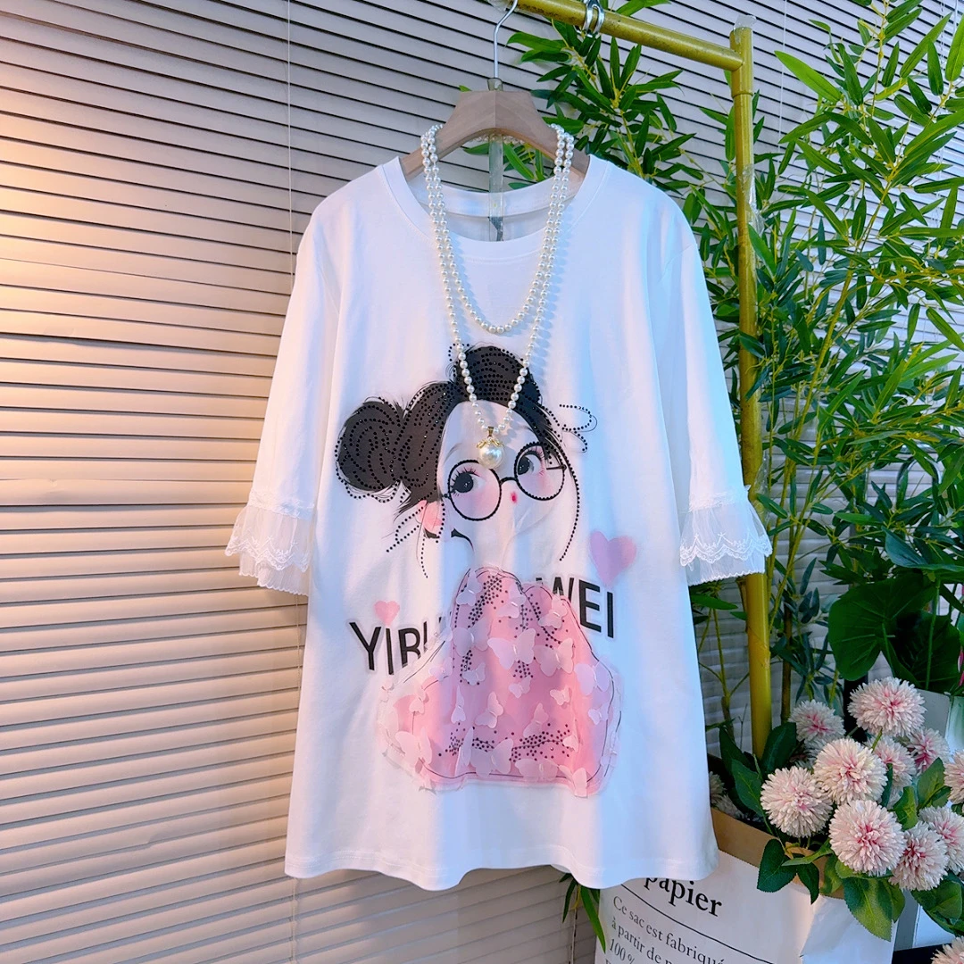 8832胖mm欧货时尚宽松韩版圆领卡通甜美减龄设计感立体蝴蝶短袖衫