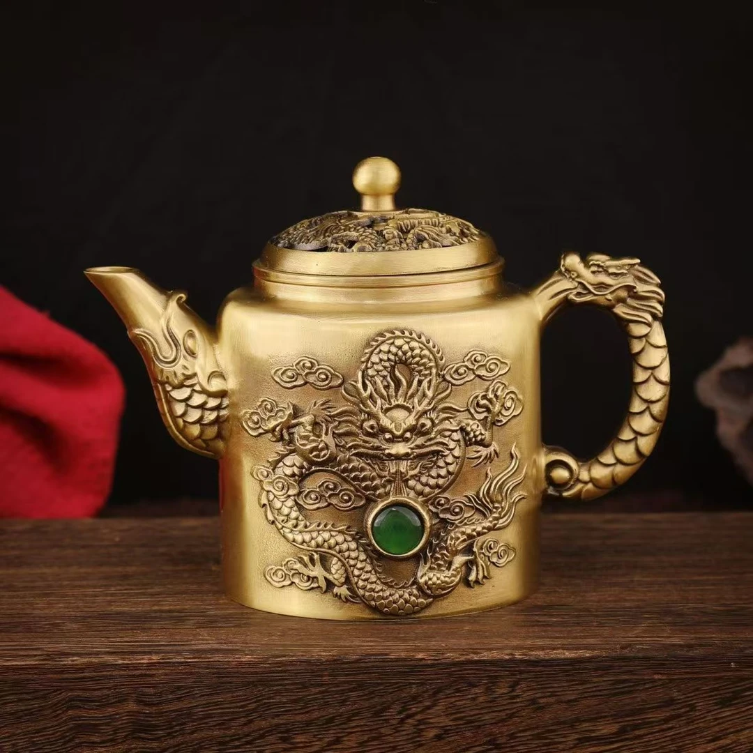黄铜可旋转龙凤茶壶创意家居办公室文玩茶具礼品装饰铜壶礼品