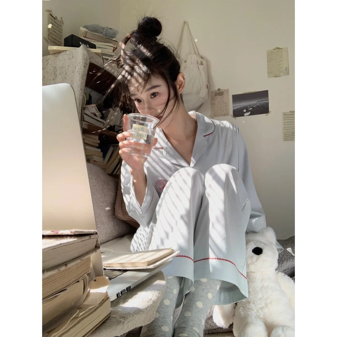 【少女蓝色】网红韩版简约睡衣女春秋长袖长裤套装宽松大码家居服