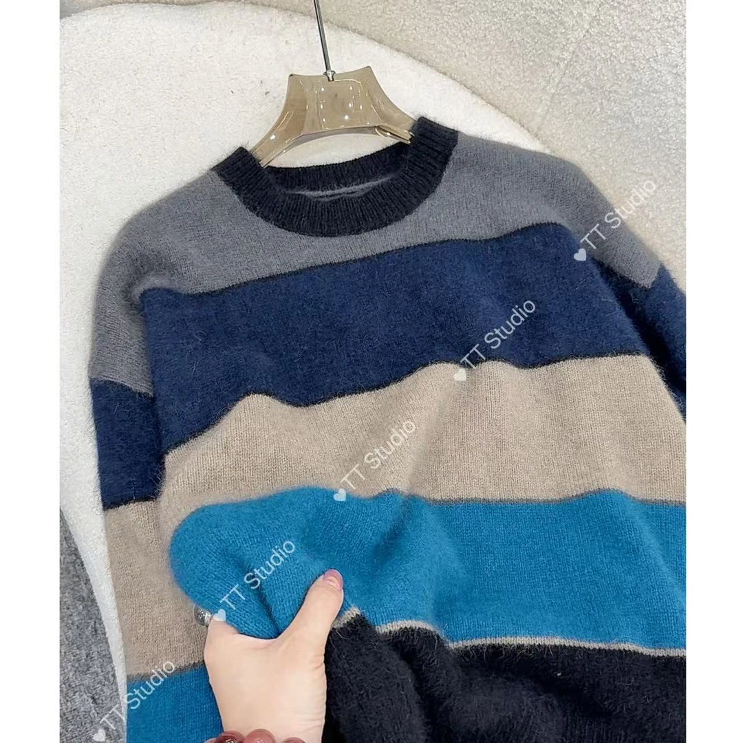 TT家/海湾蓝/ 蓝条开衫圆领套头设计感毛衣秋冬女装慵懒风针织衫