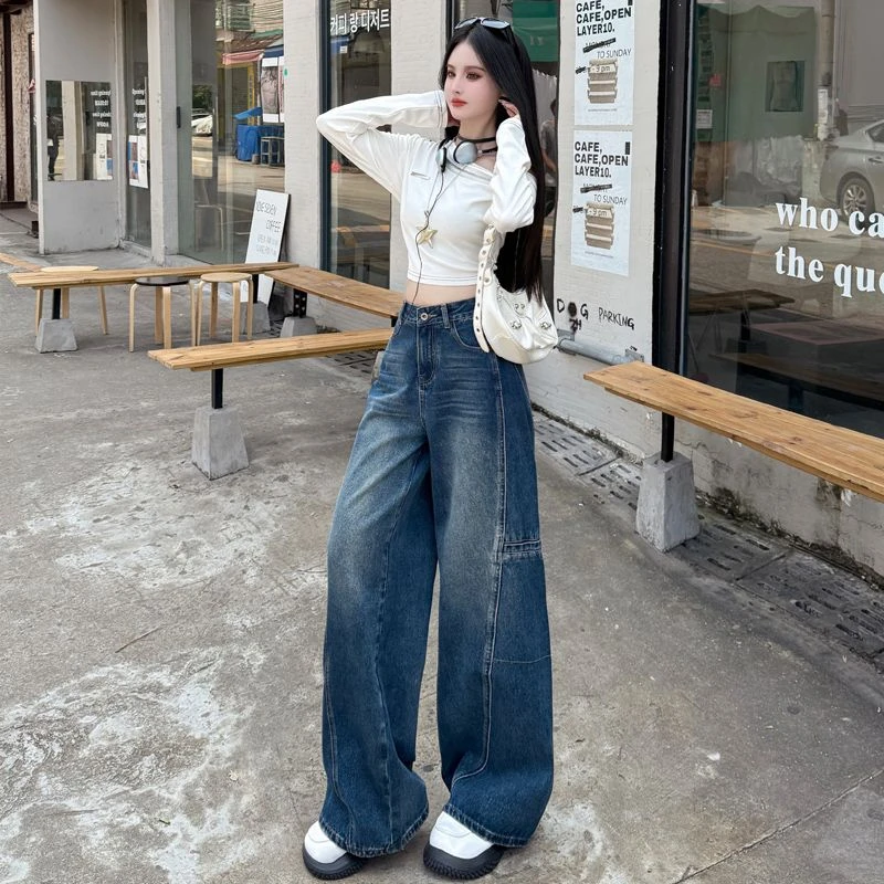 复古拼接阔腿牛仔裤女2025年早秋新款宽松显瘦设计感百搭拖地裤子