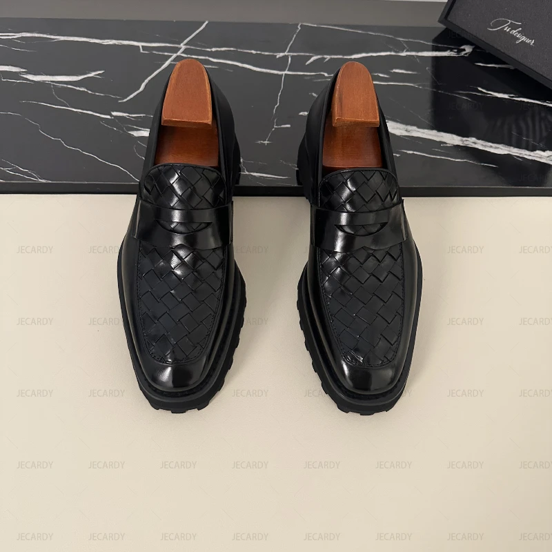 英伦男士春夏新款一脚蹬真皮编织厚底增高乐福鞋欧式商务正装潮鞋