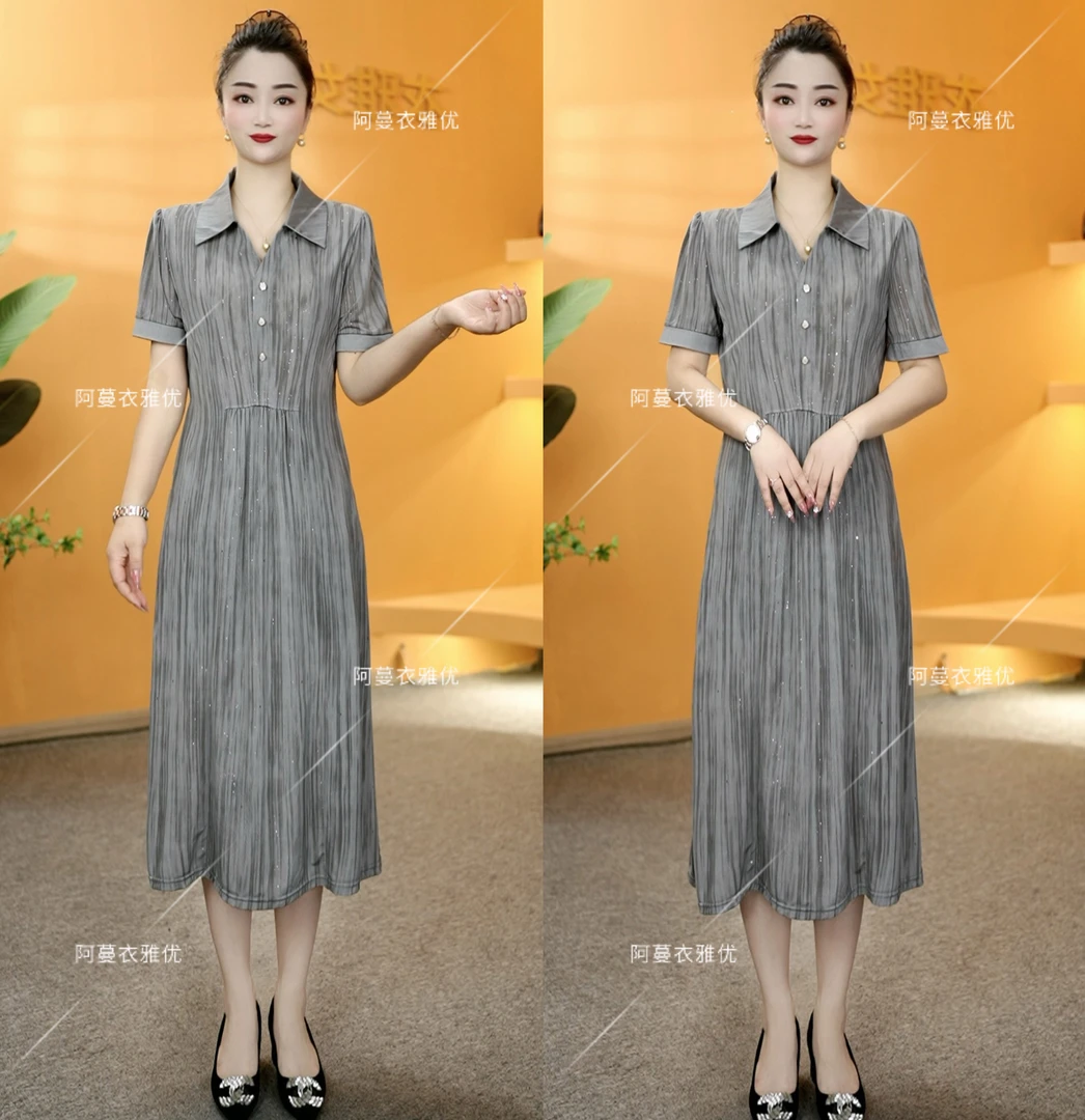 【衣雅严选】8089-1883#新款丝光弹力缎翻领烫金满天星气质连衣裙