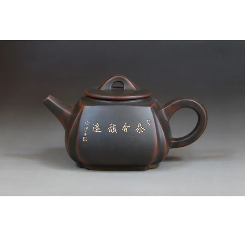 书法创意陶瓷手工雕刻抽角四方壶广西钦州坭兴陶茶具泡茶壶