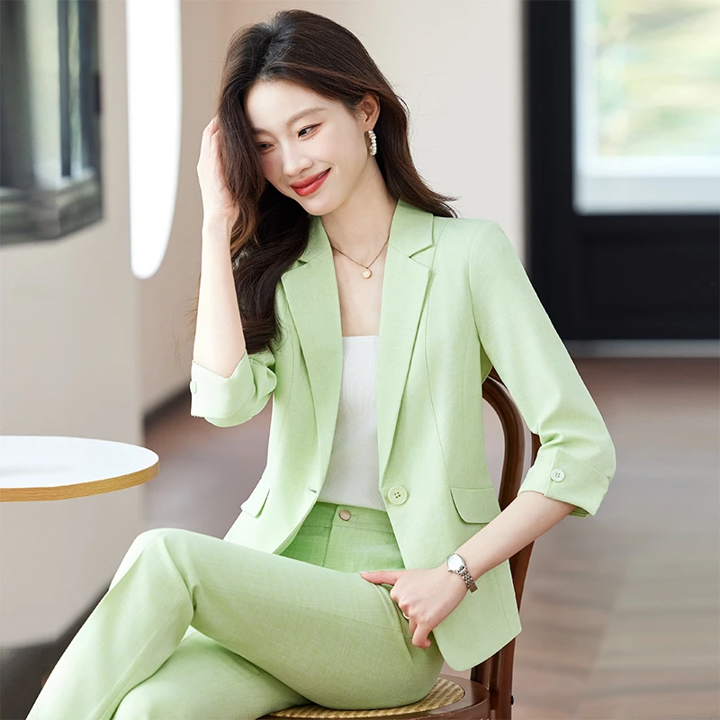 开春绿色西装外套女2025新款薄款小个子气质休闲西服正装职业套装