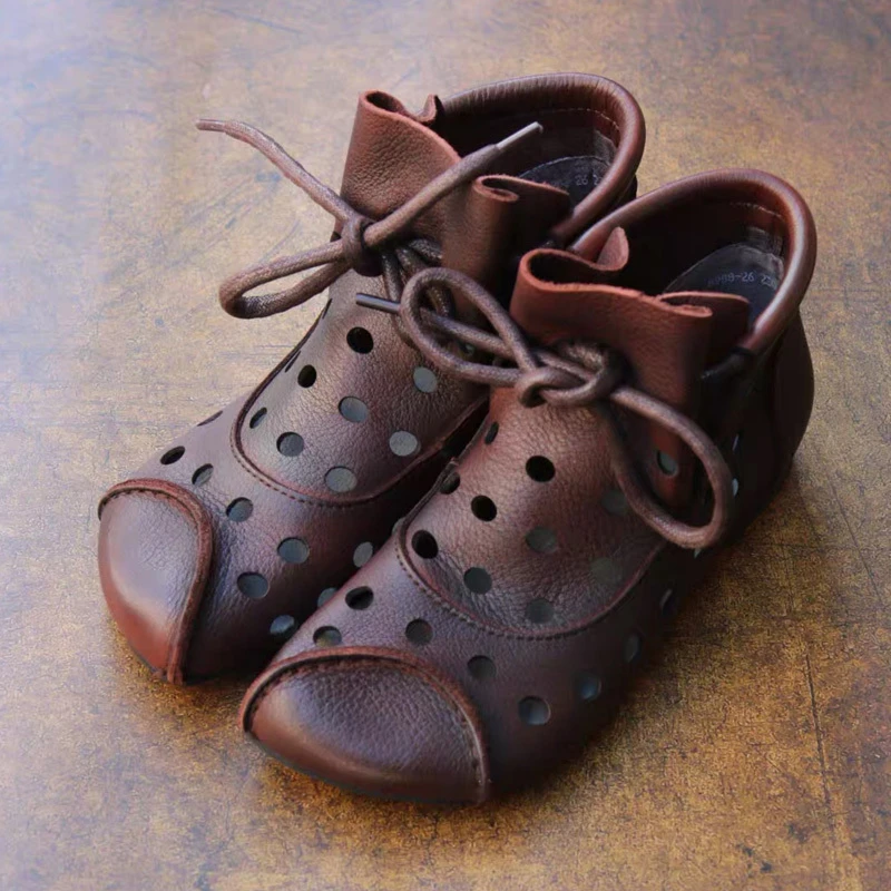 2025春夏薄款绑带牛皮复古镂空凉靴女软底真皮休闲高帮轻奢鞋子