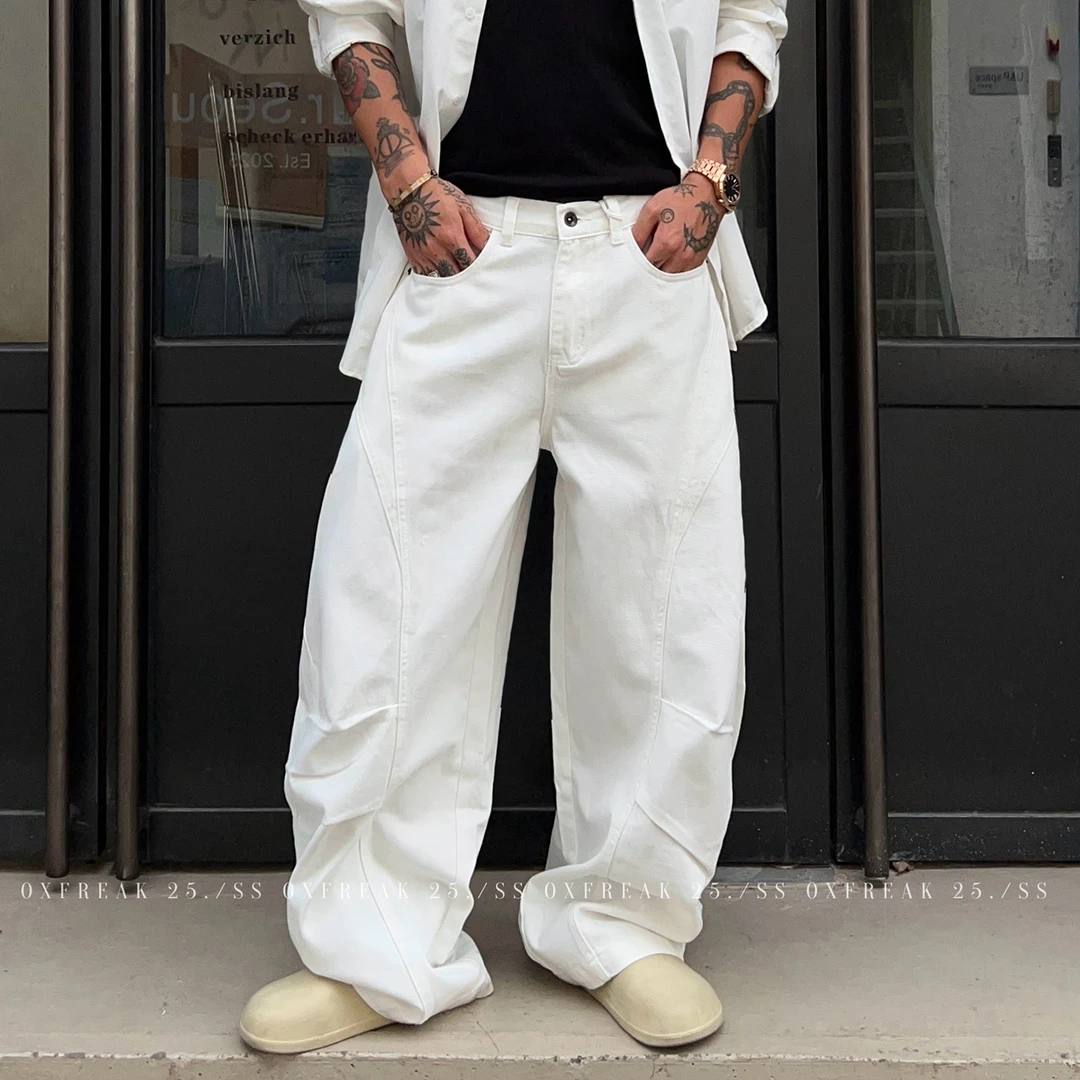 OXFREAK「水洗做脏 立体剪裁 」13OZ白色牛仔裤男宽松阔腿弯刀裤