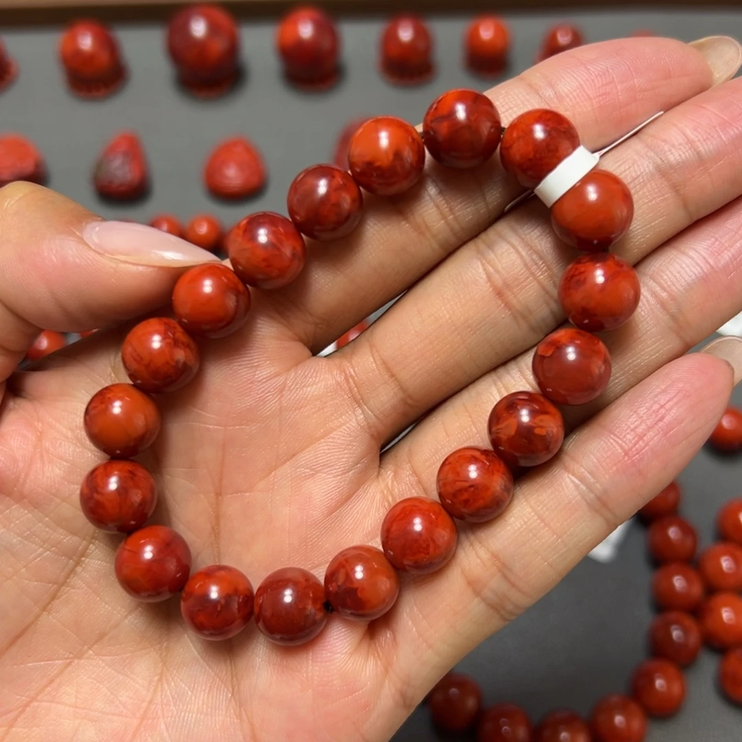 南红玛瑙未镶嵌手串 玫锦红满肉妖火焰 约10.2mm 毕业