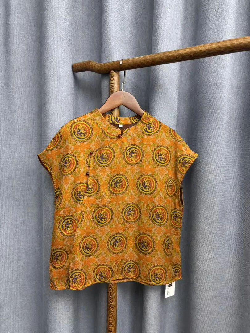 2025夏季新款时尚简约新中式桑蚕丝奥黛提花上衣女H2099