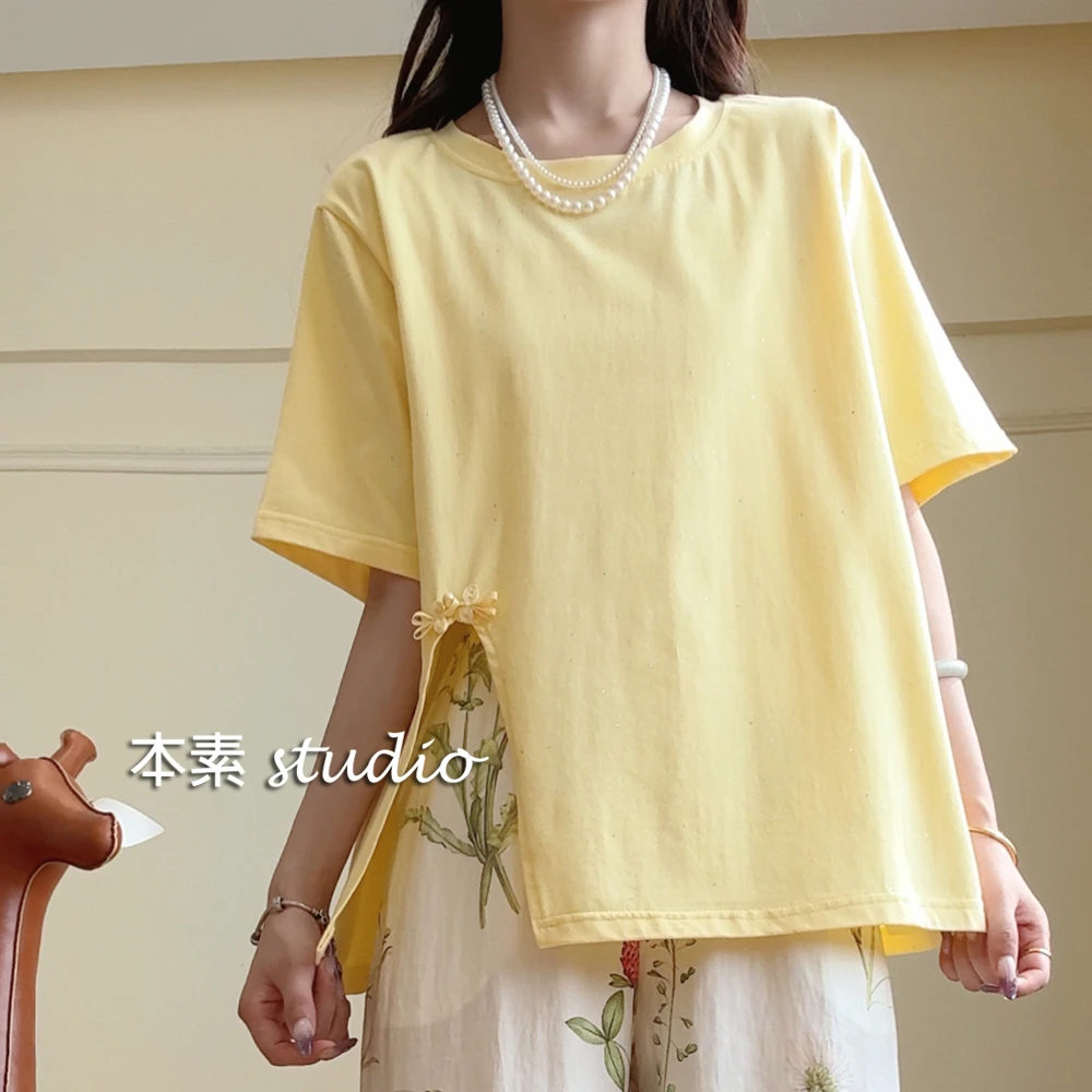 盘扣T C4495亮片盘扣开叉圆领短袖T恤