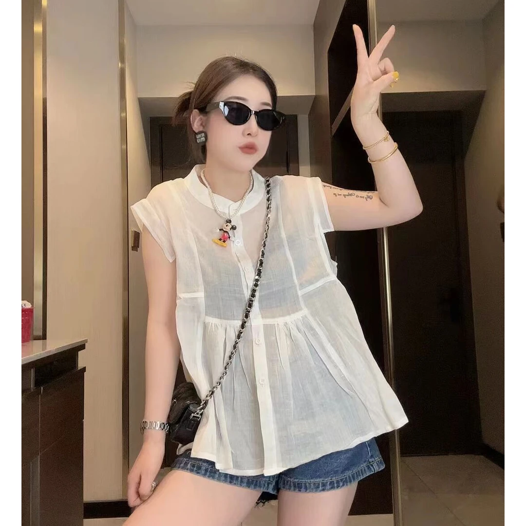 韩系超薄无袖纯色衬衫女宽松小众时尚气质上衣2025夏季新款上衣