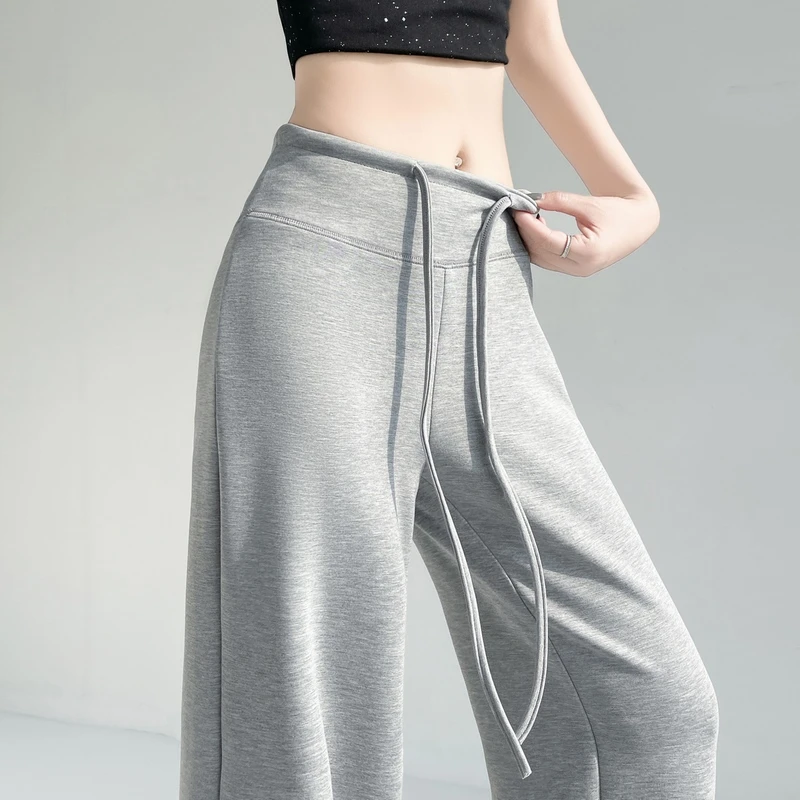 韩版冰丝运动卫裤女夏季薄款高腰抽绳垂感阔腿休闲裤子