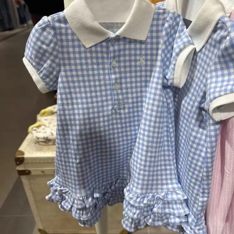 韩国童装女童蓝白格子公主裙女宝宝春夏新款洋气花边polo领连衣裙