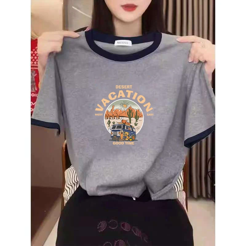 2025新款正肩撞色短袖T恤女时尚百搭减龄显瘦夏季体恤打底衫上衣