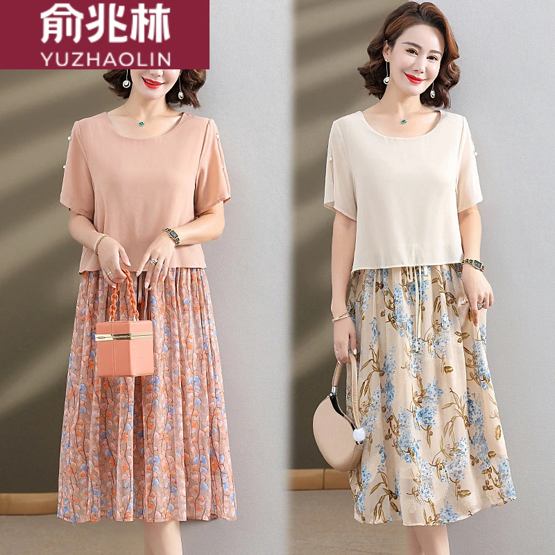 俞兆林妈妈夏装短袖连衣裙高贵2025款洋气50岁中老年妇女气质雪纺